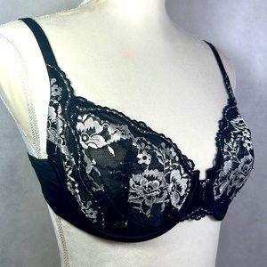 Victoria Secret Black/White Overall Lace Unlined Underwire Demi Bra Size 34D